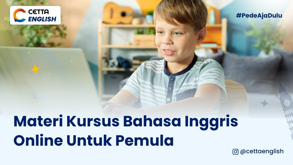ilustrasi anak kecil yang mempelajari materi kursus bahasa Inggris online