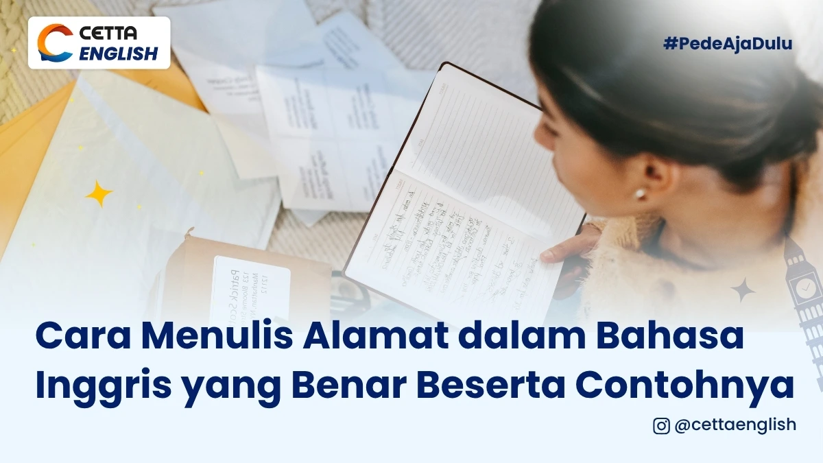 ilustrasi seorang perempuan yang menulis alamat dalam bahasa Inggris
