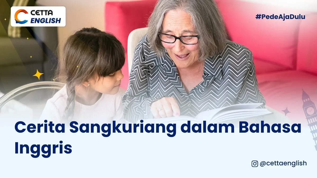 ilustrasi anak kecil dan neneknya yang menceritakan cerita sangkuriang dalam bahasa inggris