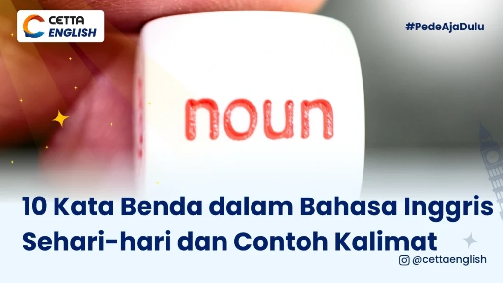 Sebuah dadu bertuliskan noun atau kata benda dalam bahasa Inggris|gambar tulisan NOUN berwarna merah diatas satu sisi dadu