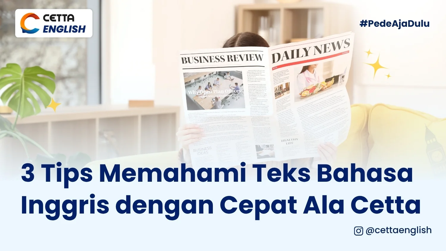 Seorang wanita membaca koran berbahasa inggris karena memahami cara membaca teks bahasa inggris dengan cepat|teks bahasa Inggris