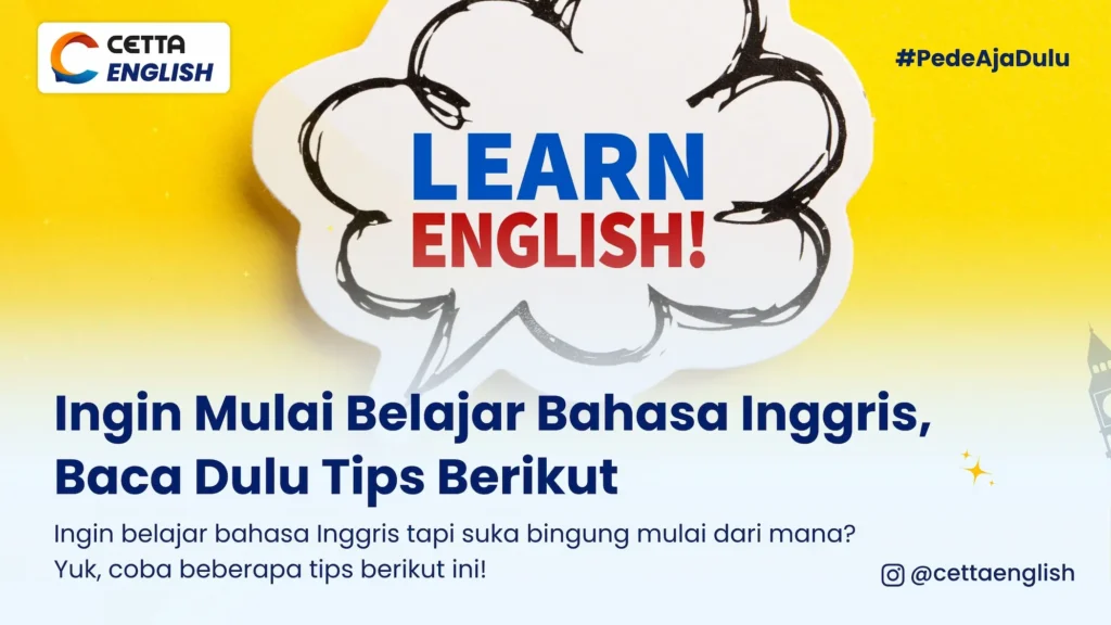 Gambar tulisan balon percakapan LEARN ENGLISH dengan latar kuning