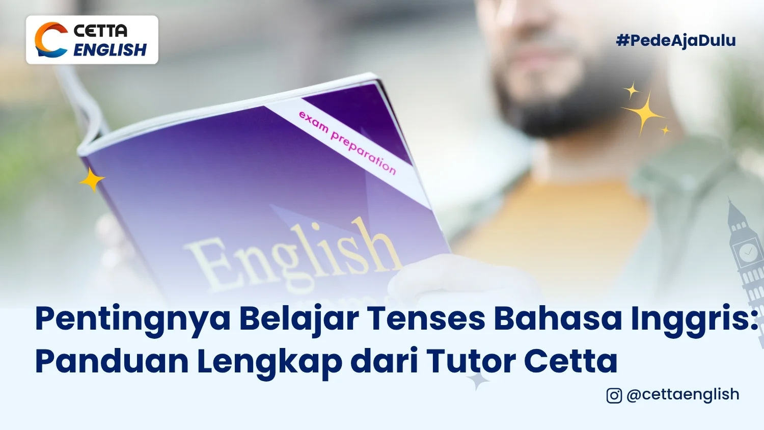 Seorang berpria dengan jenggot di dagu sedang membaca buku grammar bahasa inggris bercover ungu|tenses bahasa Inggris